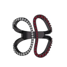 Duo Yüzük - Swarovski ve kök yakut 925 ayar siyah rodyum kaplama gümüş yüzük #lczgml