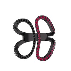 Duo Yüzük - Siyah zirkon ve rodolit garnet 925 ayar siyah rodyum kaplama gümüş yüzük #ncoyys