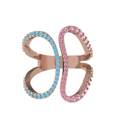 Akuamarin ve pembe kuvars 14 ayar rose altın yüzük