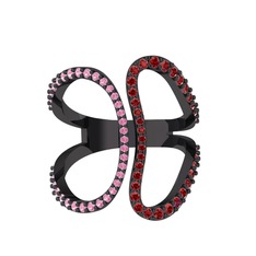 Duo Yüzük - Pembe kuvars ve garnet 925 ayar siyah rodyum kaplama gümüş yüzük #nzirw1