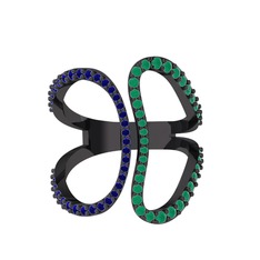 Duo Yüzük - Lab safir ve kök zümrüt 925 ayar siyah rodyum kaplama gümüş yüzük #o6sqn