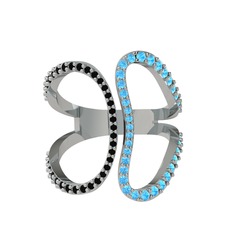 Duo Yüzük - Siyah zirkon ve akuamarin 14 ayar beyaz altın yüzük #ppvcu1