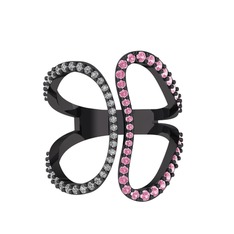 Swarovski ve pembe kuvars 925 ayar siyah rodyum kaplama gümüş yüzük
