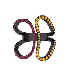 Duo Yüzük - Rodolit garnet ve sitrin 925 ayar siyah rodyum kaplama gümüş yüzük #rct3de