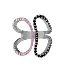 Duo Yüzük - Pembe kuvars ve siyah zirkon 14 ayar beyaz altın yüzük #vly2nu