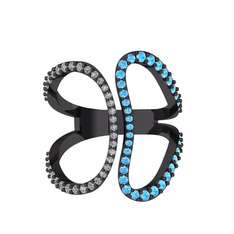 Beyaz zirkon ve akuamarin 925 ayar siyah rodyum kaplama gümüş yüzük