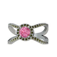 Aero Yüzük - Pembe kuvars ve peridot 8 ayar beyaz altın yüzük #1cg48yk
