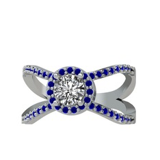Swarovski ve lab safir 14 ayar beyaz altın yüzük