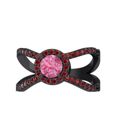 Aero Yüzük - Pembe kuvars ve garnet 925 ayar siyah rodyum kaplama gümüş yüzük #1hsdmad