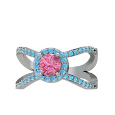 Aero Yüzük - Pembe kuvars ve akuamarin 14 ayar beyaz altın yüzük #1nbdbe1