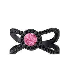 Pembe kuvars ve siyah zirkon 925 ayar siyah rodyum kaplama gümüş yüzük
