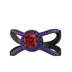 Aero Yüzük - Garnet ve ametist 925 ayar siyah rodyum kaplama gümüş yüzük #1o2m1a6