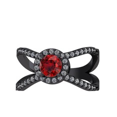 Garnet ve pırlanta 925 ayar siyah rodyum kaplama gümüş yüzük (0.4136 karat)