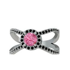 Pembe kuvars ve siyah zirkon 18 ayar beyaz altın yüzük