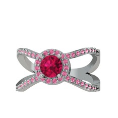 Rodolit garnet ve pembe kuvars 14 ayar beyaz altın yüzük