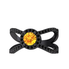 Aero Yüzük - Sitrin ve siyah zirkon 925 ayar siyah rodyum kaplama gümüş yüzük #8q7bt6