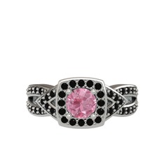 Pembe kuvars ve siyah zirkon 14 ayar beyaz altın yüzük