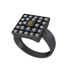 Peridot ve pırlanta 925 ayar siyah rodyum kaplama gümüş yüzük (0.48 karat)