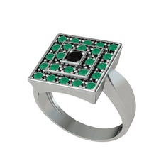 Siyah zirkon ve kök zümrüt 8 ayar beyaz altın yüzük