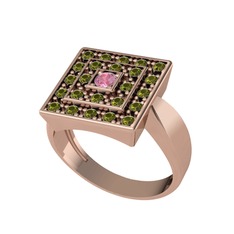 Pembe kuvars ve peridot 14 ayar rose altın yüzük
