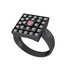 Pembe kuvars ve pırlanta 925 ayar siyah rodyum kaplama gümüş yüzük (0.48 karat)