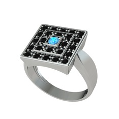 Akuamarin ve siyah zirkon 14 ayar beyaz altın yüzük