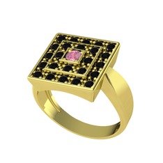 Pembe kuvars ve siyah zirkon 925 ayar altın kaplama gümüş yüzük