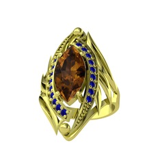 Dumanlı kuvars ve lab safir 14 ayar altın yüzük