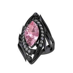 Pembe kuvars ve swarovski 925 ayar siyah rodyum kaplama gümüş yüzük