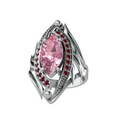 Pembe kuvars ve kök yakut 14 ayar beyaz altın yüzük