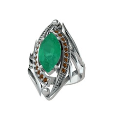 Kök zümrüt ve dumanlı kuvars 8 ayar beyaz altın yüzük