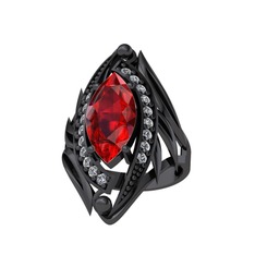 Garnet ve swarovski 925 ayar siyah rodyum kaplama gümüş yüzük