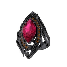 Rodolit garnet ve dumanlı kuvars 925 ayar siyah rodyum kaplama gümüş yüzük