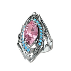 Pembe kuvars ve akuamarin 8 ayar beyaz altın yüzük