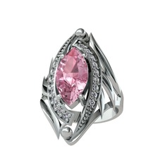 Pembe kuvars ve beyaz zirkon 18 ayar beyaz altın yüzük