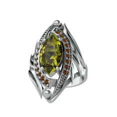 Peridot ve dumanlı kuvars 14 ayar beyaz altın yüzük