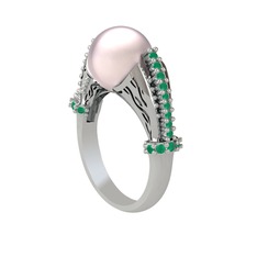 Edrei İnci Yüzük - Pembe inci ve kök zümrüt 18 ayar beyaz altın yüzük #132v532