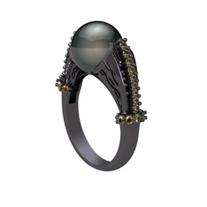 Siyah inci ve peridot 925 ayar siyah rodyum kaplama gümüş yüzük