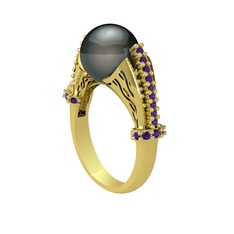 Edrei İnci Yüzük - Siyah inci ve ametist 14 ayar altın yüzük #1i4j7ty