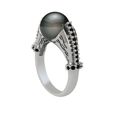 Edrei İnci Yüzük - Siyah inci ve siyah zirkon 8 ayar beyaz altın yüzük #1n7hjbw