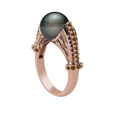 Siyah inci ve dumanlı kuvars 8 ayar rose altın yüzük