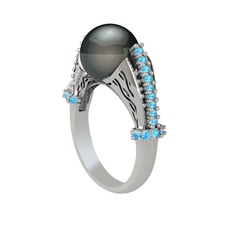 Edrei İnci Yüzük - Siyah inci ve akuamarin 14 ayar beyaz altın yüzük #7xfj35