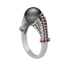 Siyah inci ve kök yakut 18 ayar beyaz altın yüzük