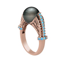 Edrei İnci Yüzük - Siyah inci ve akuamarin 8 ayar rose altın yüzük #fxbiq8