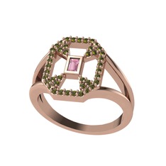 Pembe kuvars ve peridot 14 ayar rose altın yüzük