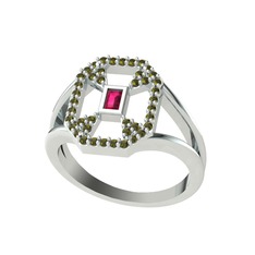 Rodolit garnet ve peridot 14 ayar beyaz altın yüzük