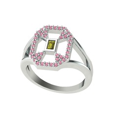 Peridot ve pembe kuvars 18 ayar beyaz altın yüzük