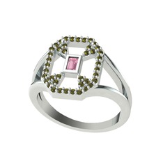 Pembe kuvars ve peridot 14 ayar beyaz altın yüzük