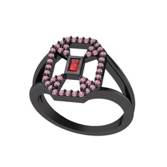 Garnet ve pembe kuvars 925 ayar siyah rodyum kaplama gümüş yüzük