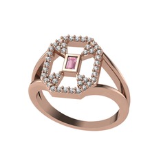 Pembe kuvars ve beyaz zirkon 925 ayar rose altın kaplama gümüş yüzük